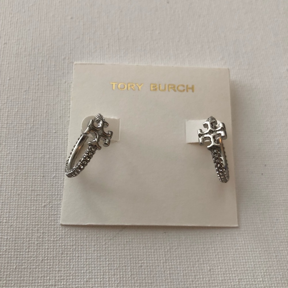 Tory Burch Logo Silver Hoop Earrings